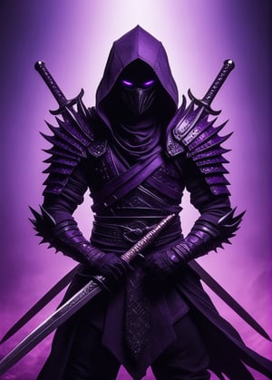 reptile, two katanas in hand, black skin, purple spines on the back,, surrounded by purple aura