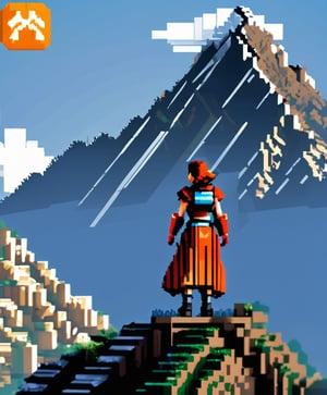  pixel art, 3d, a woman, solo, action pose , mountain 