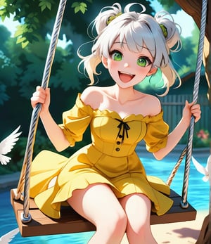  1girl, solo, off shoulder yellow dress, twintails, white hair, green eyes, crossed bangs , smile, swinging on a swing, mouth open with pleasure, blush, (front view), dynamic shot 