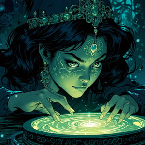 animeniji,niji,2D flat anime, animeniji, animeniji, anime, niji, 2D flat anime,   a close-up of a mysterious sorceress gazing into a magical mirror. Her expression is one of intrigue and caution as swirling images reflect in the glass, hinting at a hidden destiny. The intricate designs on her face and the shimmering magic surrounding her add depth to the scene.