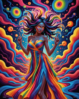 (masterpiece), psychedelic art, vibrant swirling patterns, bold colors, best quality, good anatomy, (1 girl), a mesmerizing woman depicted from the waist up, her body wrapped in a flowing, semi-transparent gown that shifts colors in the swirling psychedelic light around her. Her hand is raised, fingers trailing through the air as if guiding the swirling patterns that float around her. Her expression is both playful and intense, her wide, glowing eyes filled with emotion as she gazes toward the viewer. Her hair floats around her head in vibrant waves, each strand glowing with different neon colors. The background is a riot of shifting, abstract shapes and colors, creating a surreal, dreamlike world that seems to pulse with energy and life