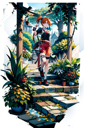 masterpiece,, (masterpiece, best quality:1.5), misty pokemon, garden, flowers, short hair, side ponytail, orange hair, blue eyes,[(white background:1.15)], 1_girl