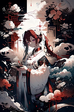 masterpiece, 8k, (absurdres, highres, ultra detailed), (1lady:1.3), purple eyes, red hair, short twintails, EpicArt,Chinese ink paint,water inkSpot,White and white,Chinese style, CLOUD
