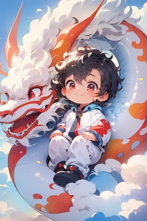 solo, short hair, black hair, red eyes, 1boy, smile, male focus, horns, chibi, aged down, child, dragon, male child, eastern dragon