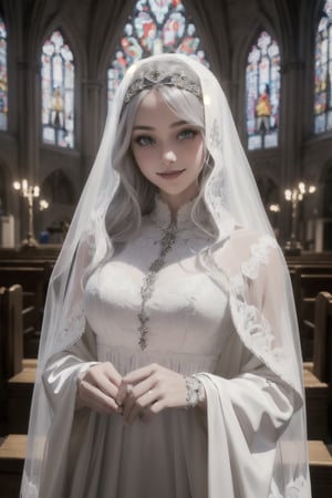 masterpiece, 1 girl, finely detailed, quality, white clothes, rembrandt lighting, (intricate details), looking at viewer, smile, dramatic, ray tracing, 1girl, silver hair, long curls hair, sparkle, halo, see-through veil, intricate, jewelry, gothic church, long sleeves, hands hiding behind clothes
