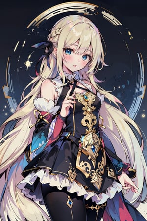masterpiece, 1girl, blue eyes, very long hair, blonde hair, long blonde hair, french braid, bangs, medium breasts, hair ribbon, frilled choker, criss-cross halter, sleeveless dress, high-waist skirt, backless dress, waist bow, detached sleeves, frilled sleeves, wide sleeves, pantyhose, white legwear, mary janes, intricate image a beautiful glass woman, green foliage and pink and yellow fowery vines background, work of beauty and complexity, ultra detailed face and eyes, 8k UHD, alberto seveso style, fantasy style, glowing fractal glass elements, dynamic pose, amber glow,  (masterpiece, best quality:1.5),
