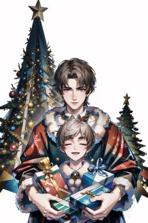 masterpiece,, (masterpiece, best quality:1.5), [(white background:1.15)], 1 man, young man, short hair, tall handsome man, christmas theme, presents, (best quality,Detailedface, happy, smile, christmas tree, 