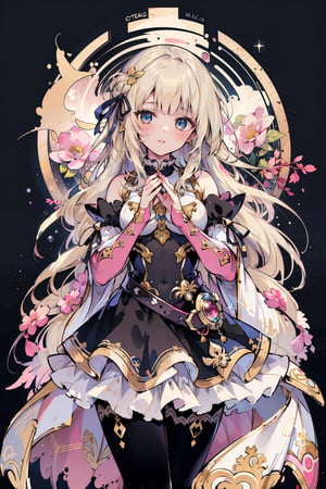 masterpiece, 1girl, blue eyes, very long hair, blonde hair, long blonde hair, french braid, bangs, medium breasts, hair ribbon, frilled choker, criss-cross halter, sleeveless dress, high-waist skirt, backless dress, waist bow, detached sleeves, frilled sleeves, wide sleeves, pantyhose, white legwear, mary janes, intricate image a beautiful glass woman, green foliage and pink and yellow fowery vines background, work of beauty and complexity, ultra detailed face and eyes, 8k UHD, alberto seveso style, fantasy style, glowing fractal glass elements, dynamic pose, amber glow,  flowercore, symetrical fullmoon, night, (masterpiece, best quality:1.5),