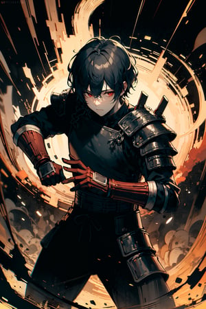 masterpiece, 1 man, short black hair, (dinamic pose), crimson red eyes, samurai, armor, horror style, area lighting,xjrex, fighting pose