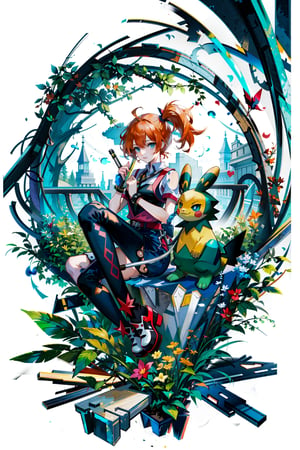 masterpiece,, (masterpiece, best quality:1.5), misty pokemon, garden, flowers, short hair, side ponytail, orange hair, blue eyes,[(white background:1.15)], 1_girl