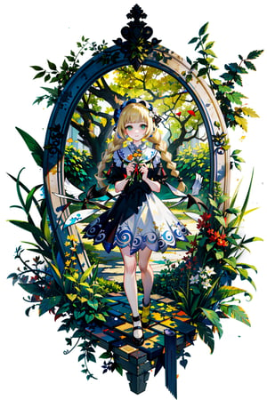 masterpiece,, (masterpiece, best quality:1.5), garden, flowers,[(white background:1.15)], 1_girl,lillie, blonde hair, long hair, twin braids, green eyes