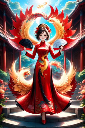 Masterpiece of a Vietnamese girl wearing a red black  ao dai with floral and phoenix patterns, dancing gracefully. She holds a paper fan in her hand, which she moves in sync with her steps, fantasy. The camera zooms out to reveal an aerial view of the scene, captured by a drone. The image quality is superb, with high resolution and vivid colors.
,glitter, shiny