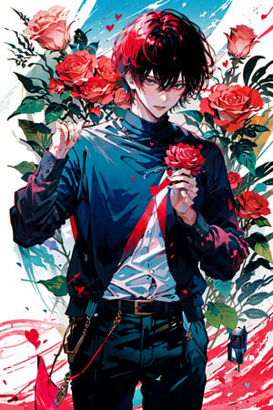 masterpiece, collage of 1boy, valentine, hearts, holding roses, male focus,