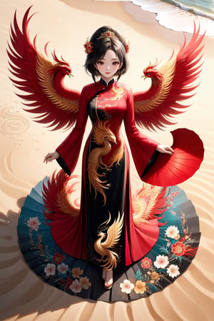 Masterpiece of a Vietnamese girl wearing a red black  ao dai with floral and phoenix patterns, dancing gracefully. She holds a paper fan in her hand, which she moves in sync with her steps. The sand on the beach forms a yin-yang symbol, representing harmony and balance. The camera zooms out to reveal an aerial view of the scene, captured by a drone. The image quality is superb, with high resolution and vivid colors.
,glitter, shiny