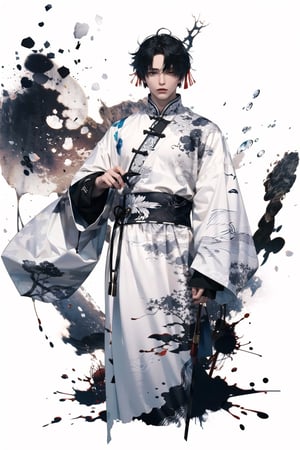 8k, (absurdres, highres, ultra detailed), (1 man:1.3), EpicArt,Chinese ink paint,water inkSpot,White and white,Chinese style, chinese_clothes