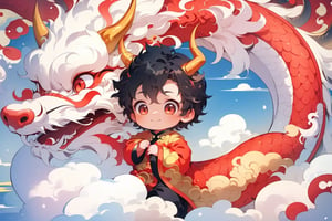 solo, short hair, black hair, red eyes, 1boy, smile, male focus, horns, chibi, aged down, child, dragon, male child, eastern dragon, chinese new year, red theme, happy dragon