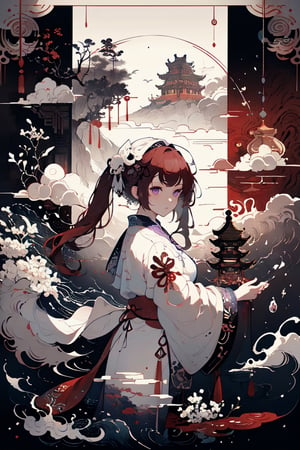 masterpiece, 8k, (absurdres, highres, ultra detailed), (1lady:1.3), purple eyes, red hair, short twintails, EpicArt,Chinese ink paint,water inkSpot,White and white,Chinese style, CLOUD