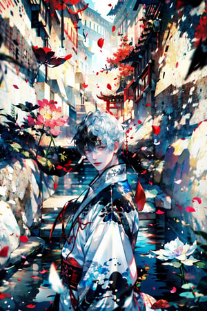 8k, (absurdres, highres, ultra detailed), (1 man:1.3), EpicArt,Chinese ink paint,water inkSpot,White and white,Chinese style, chinese clothes, flower petals, petals, flying_petals, petals_in_wind