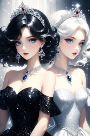 masterpiece, Fantasy style by Lillian Bassman, 2 women, twins. 2woman_A_and_B, {A woman have (white hair) (blue eyes) (black dress), {B girl have (black hair) (red eyes) (white dress), intricate glittering diamond jewelery, earrings, necklace, diadem,
long curly hair, shiny, glitter,more detail XL, color