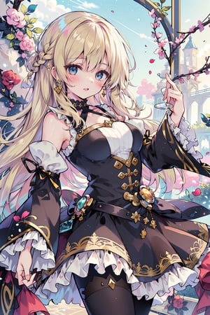 masterpiece, 1girl, blue eyes, very long hair, blonde hair, long blonde hair, french braid, bangs, medium breasts, hair ribbon, frilled choker, criss-cross halter, sleeveless dress, high-waist skirt, backless dress, waist bow, detached sleeves, frilled sleeves, wide sleeves, pantyhose, white legwear, mary janes, intricate image a beautiful glass woman, green foliage and pink and yellow fowery vines background, work of beauty and complexity, ultra detailed face and eyes, 8k UHD, alberto seveso style, fantasy style, glowing fractal glass elements, dynamic pose, amber glow,  flowercore, bright sky, (masterpiece, best quality:1.5),