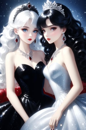 masterpiece, Fantasy style by Lillian Bassman, 2 women, twins. 2woman_A_and_B, {A woman have (white hair) (blue eyes) (black dress), {B girl have (black hair) (red eyes) (white dress), intricate glittering diamond jewelery, earrings, necklace, diadem,
long curly hair, shiny, glitter,more detail XL, color