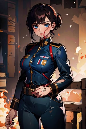 8k, (absurdres, highres, ultra detailed), (1lady:1.3), EpicArt, military uniform, brown skin, black hair, blue eyes, curly hair, hair bun, war, gun,dark skin, brown skin, pants