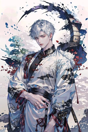 8k, (absurdres, highres, ultra detailed), (1 man:1.3), EpicArt,Chinese ink paint,water inkSpot,White and white,Chinese style, chinese_clothes,masterpiece,1boy