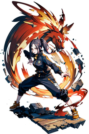 masterpiece,, (masterpiece, best quality:1.5), fighting stance, [(white background:1.15)], 1_girl, female_solo, dendra pokemon, track jacket, sidelocks, black jacket, Cargo pants, dynamic pose