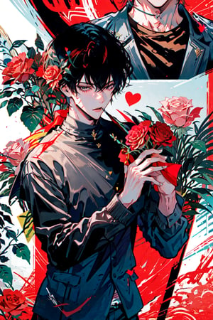 masterpiece, collage of 1boy, valentine, hearts, holding bouquet of red roses, male focus,