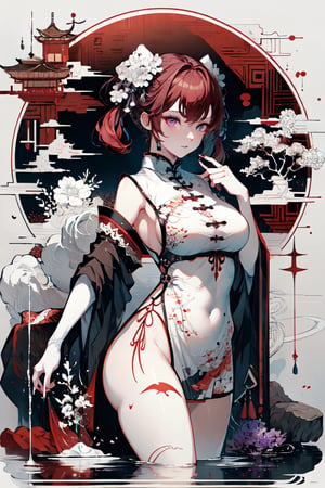 masterpiece, 8k, (absurdres, highres, ultra detailed), (1lady:1.3), purple eyes, red hair, short twintails, EpicArt,Chinese ink paint,water inkSpot,White and white,Chinese style,