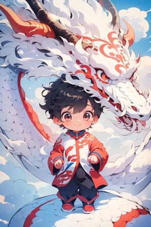 solo, short hair, black hair, red eyes, 1boy, smile, male focus, horns, chibi, aged down, child, dragon, male child, eastern dragon