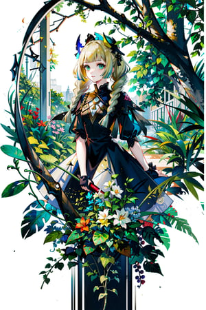 masterpiece,, (masterpiece, best quality:1.5), garden, flowers,[(white background:1.15)], 1_girl,lillie, blonde hair, long hair, twin braids, green eyes