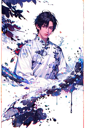 8k, (absurdres, highres, ultra detailed), (1 man:1.3), EpicArt,Chinese ink paint,water inkSpot,White and white,Chinese style, chinese_clothes