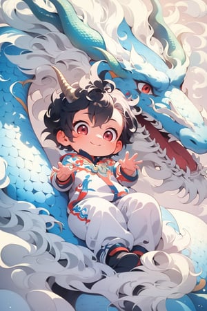 solo, short hair, black hair, red eyes, 1boy, smile, male focus, horns, chibi, aged down, child, dragon, male child, eastern dragon