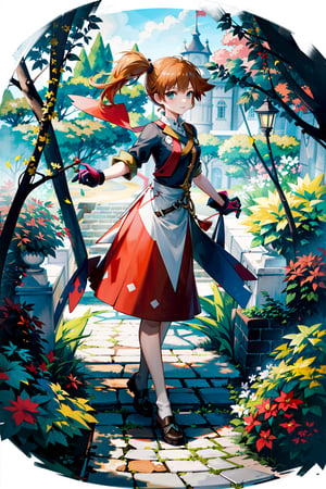 masterpiece,, (masterpiece, best quality:1.5), misty pokemon, garden, flowers, short hair, side ponytail, orange hair, blue eyes,[(white background:1.15)], 1_girl