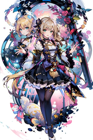 masterpiece, 1girl, blue eyes, very long hair, blonde hair, long blonde hair, french braid, bangs, medium breasts, hair ribbon, frilled choker, criss-cross halter, sleeveless dress, high-waist skirt, backless dress, waist bow, detached sleeves, frilled sleeves, wide sleeves, pantyhose, white legwear, mary janes, intricate image a beautiful glass woman, green foliage and pink and yellow fowery vines background, work of beauty and complexity, ultra detailed face and eyes, 8k UHD, alberto seveso style, fantasy style, glowing fractal glass elements, dynamic pose, amber glow,  flowercore, bright sky, (masterpiece, best quality:1.5),[(white background:1.15), female_solo, solo