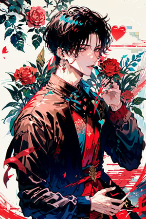 masterpiece, collage of 1boy, valentine, hearts, holding roses, male focus,