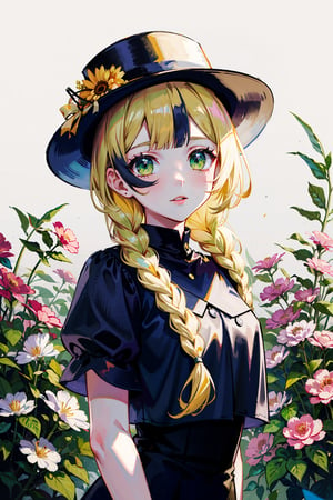 masterpiece,, (masterpiece, best quality:1.5), garden, flowers,[(white background:1.15)], 1_girl,lillie, blonde hair, long hair, twin braids, green eyes,blonde hair