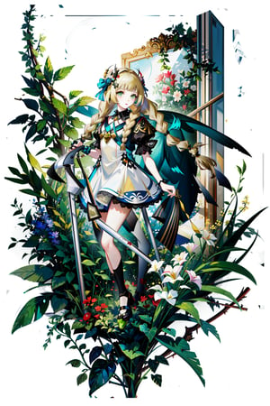 masterpiece,, (masterpiece, best quality:1.5), garden, flowers,[(white background:1.15)], 1_girl,lillie, blonde hair, long hair, twin braids, green eyes