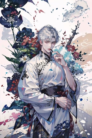 8k, (absurdres, highres, ultra detailed), (1 man:1.3), EpicArt,Chinese ink paint,water inkSpot,White and white,Chinese style, chinese_clothes,masterpiece,1boy