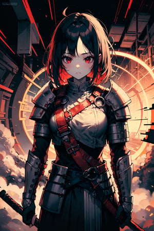 (dinamic pose), (face of a 26 year old girl, body of a 26 year old girl), crimson red eyes, female samurai, armor, skirt, horror style, area lighting,xjrex