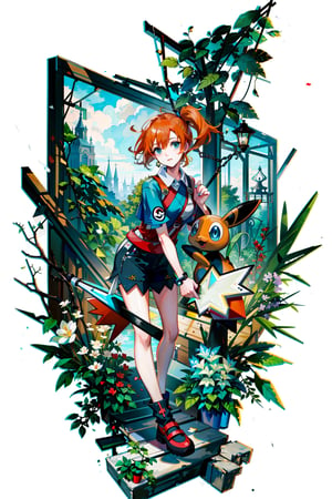 masterpiece,, (masterpiece, best quality:1.5), misty pokemon, garden, flowers, short hair, side ponytail, orange hair, blue eyes,[(white background:1.15)], 1_girl