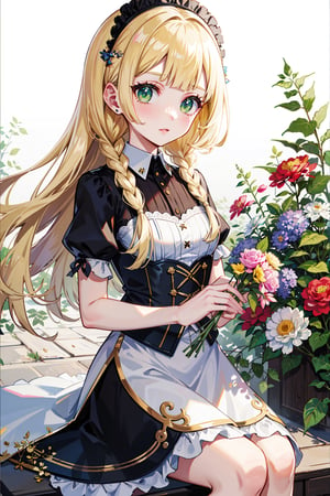 masterpiece,, (masterpiece, best quality:1.5), garden, flowers,[(white background:1.15)], 1_girl,lillie, blonde hair, long hair, twin braids, green eyes,blonde hair, holding flowers