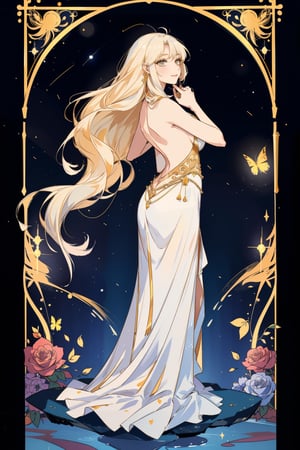 A masterpiece of a goddess-like figure stands in a serene temple setting, bathed in soft, warm lighting. The subject wears a flowing white dress, her long, white, wavy hair cascading down her back like a waterfall. Her gold eyes sparkle with a gentle, loving smile as she gazes up at the moonlit night sky. A lush garden surrounds her, filled with roses and fireflies, while butterflies dance around her head. The camera captures her full-body beauty in a wideshot, showcasing her lovely features, soft curves, and long bangs framing her face. She wears white shoes that seem to glow in the dim light, completing this stunning, high-resolution masterpiece.