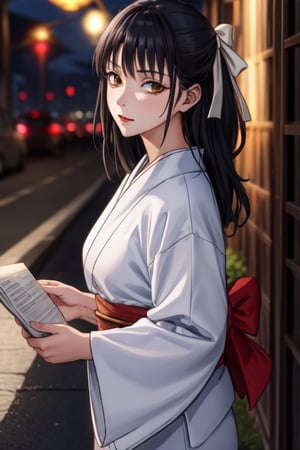 Girl with long black hair with a white ribbon in her hair, ,golden eyes, wearing yukata