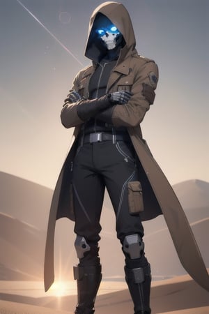 Metal skeleton, glowing blue eyes, brown hooded jacket, brown jacket , zipped up jacket, hood up, desert,realistic, work trousers, , black gloves, arms folded , sunrise, lens flare, boots, arms crossed, aloof