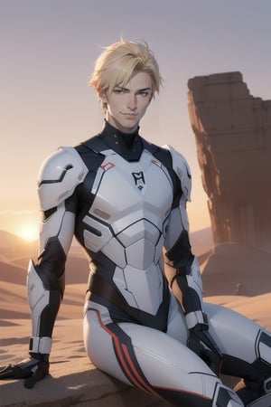 Desert, sunrise, white young teenager, bishonen, blonde hair, white sci-fi armour, smirk, skinny, slim, sitting