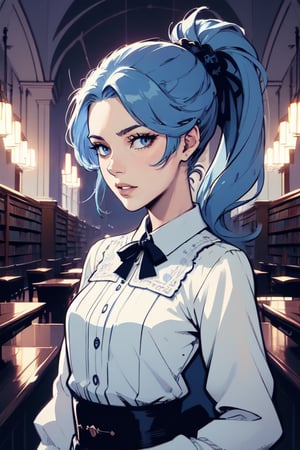 Mature female, anime style, high detail, volumetric lighting, illustration, , absurdres, masterpiece,Anime style, 

Light blue hair, blue eyes, hair up, short ponytail, full lips, white button blouse, castle library, midnight, dark, interior, nighttime, upper body, small breasts, looking at viewer,