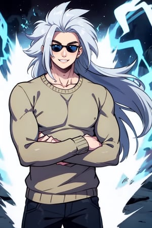 Create an attractive male, electricity, wearing sweater, wearing sunglasses, long hair, spikey hair, hair in the air, windy, 1_boy, masculine, Ki Charge