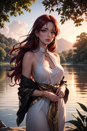 Golden sunset glow illuminates the stunning beauty's fiery locks, as black ribbons are intricately tied to large silver rings wrapping around her vibrant red hair. Framed by a soft focus, her piercing gaze meets the camera's lens, surrounded by a serene natural setting with lush greenery and a tranquil lake in the distance.
